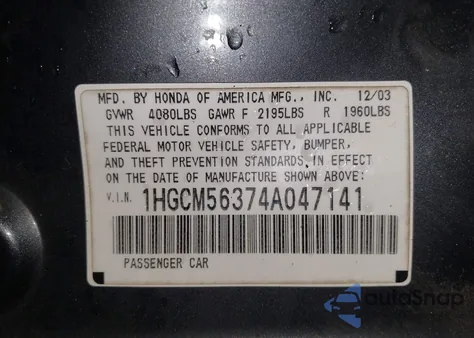 2004 Honda Accord 2.4 Lx z USA, uszkodzony, nr VIN 1HGCM56374A047141